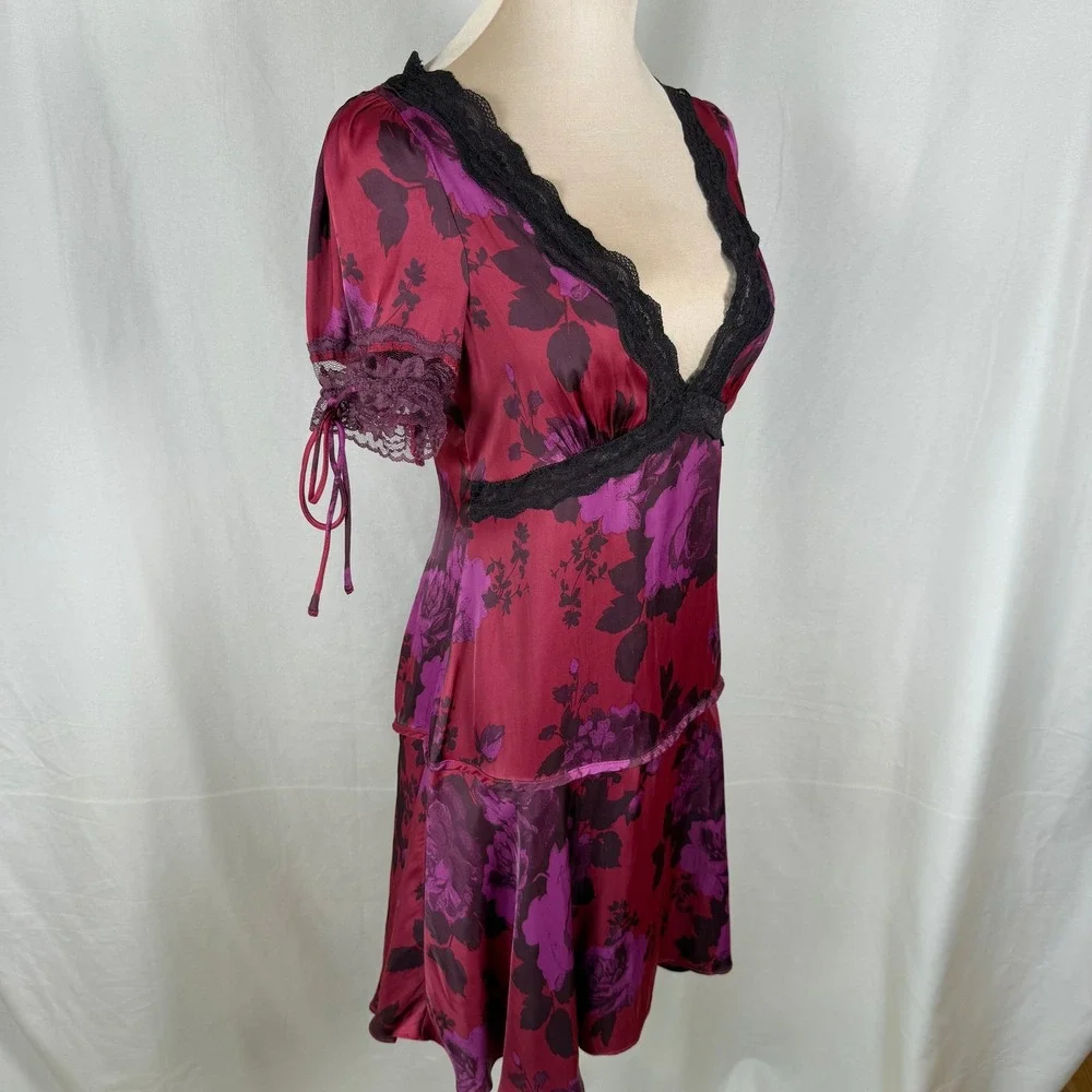 NWT Free People Jos Printed Satin Mini Dress Berry Combo Lace XS FLAWS